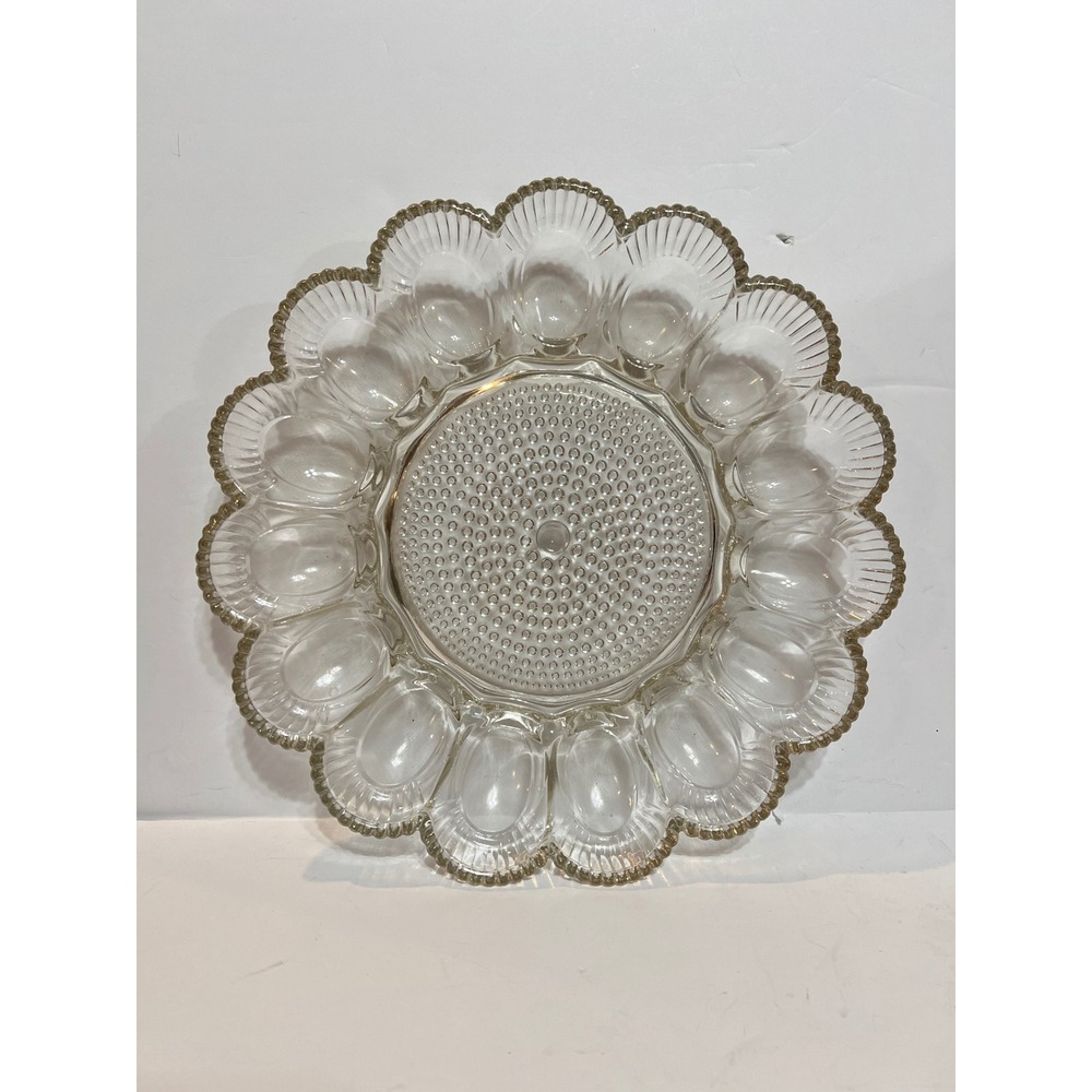 Indiana Glass Clear Deviled Egg Platter Scalloped Ribbed 15 Slot Hobnail Center